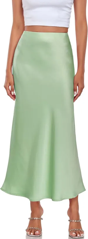 Women's Silk Satin Maxi Skirt High Waist Elastic A Line Fishtail Elegant Work Elastic Long Skirts
