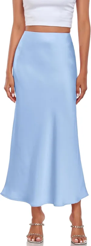 Women's Silk Satin Maxi Skirt High Waist Elastic A Line Fishtail Elegant Work Elastic Long Skirts