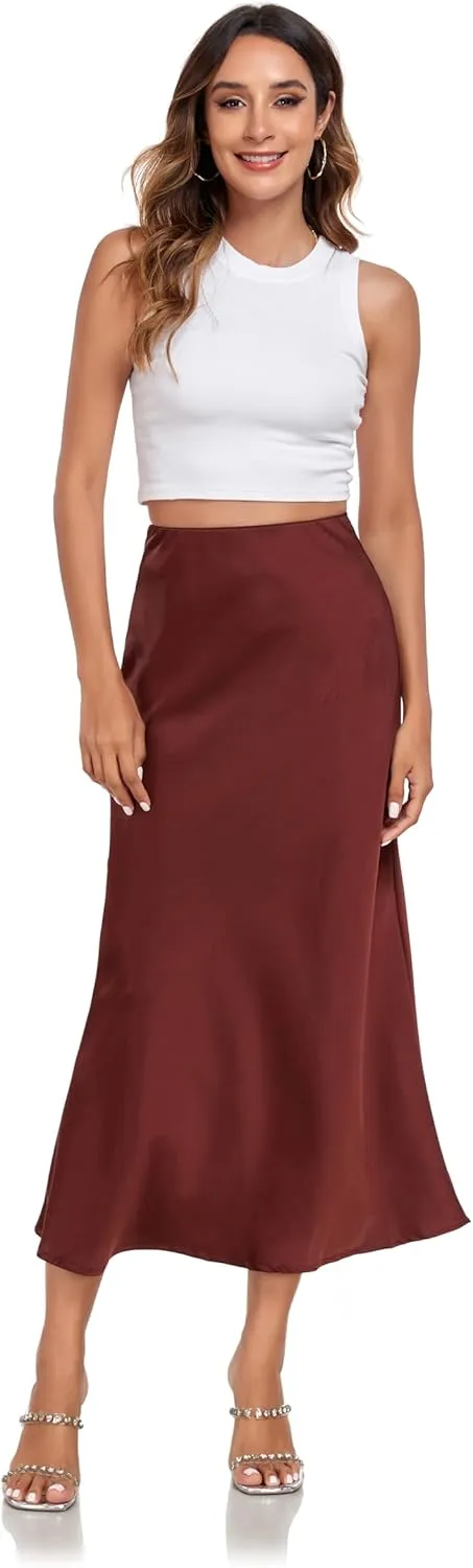 Women's Silk Satin Maxi Skirt High Waist Elastic A Line Fishtail Elegant Work Elastic Long Skirts