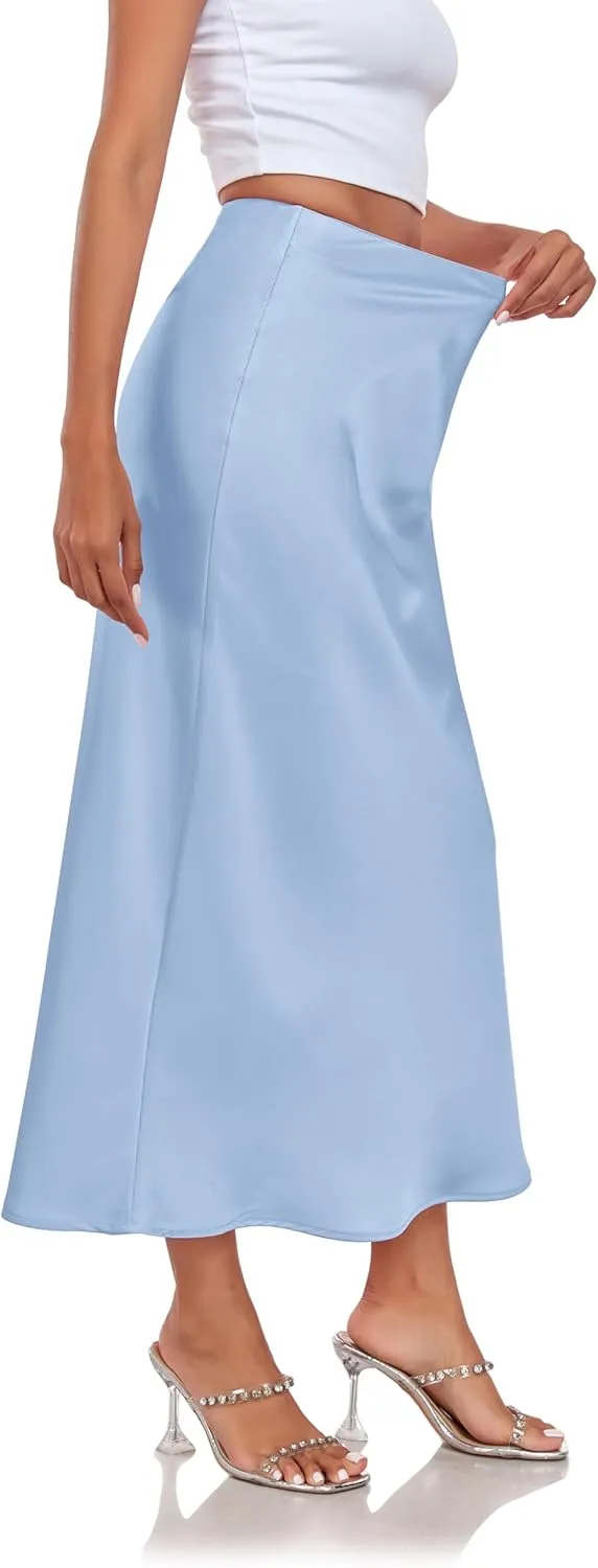 Women's Silk Satin Maxi Skirt High Waist Elastic A Line Fishtail Elegant Work Elastic Long Skirts
