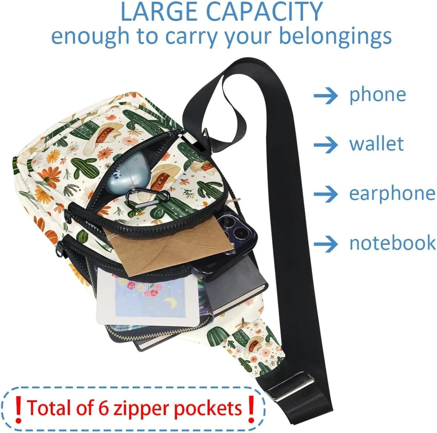 Women's Sling Backpack, Cowboy Hat Cactuses Western